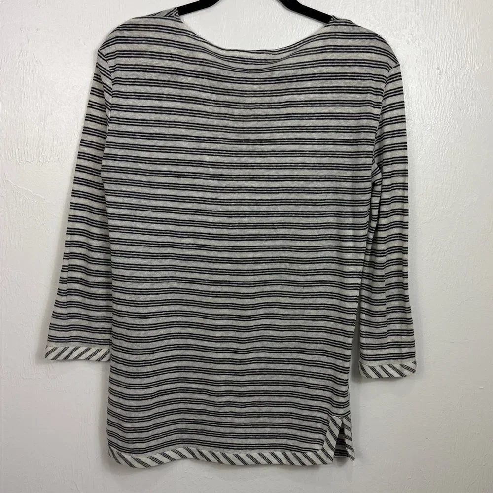 Gerard Darel Linen Striped Top Size 2 Black White 3/4 Sleeve Paris
